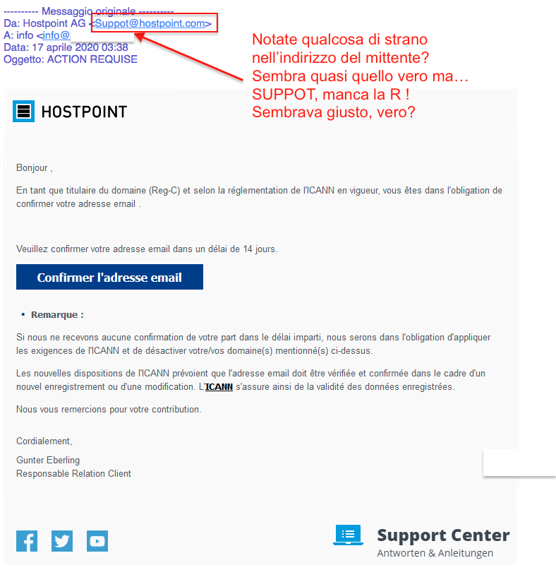 esempio mittente email phishing hostpoint